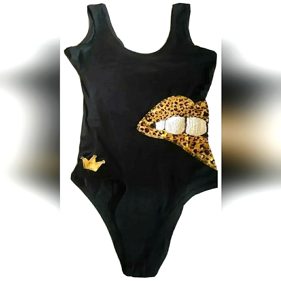 NEW One Piece Women's Swimsuit w/Cheetah Biting Lips in Sequins/Bling! Black (M) - Picture 3 of 5